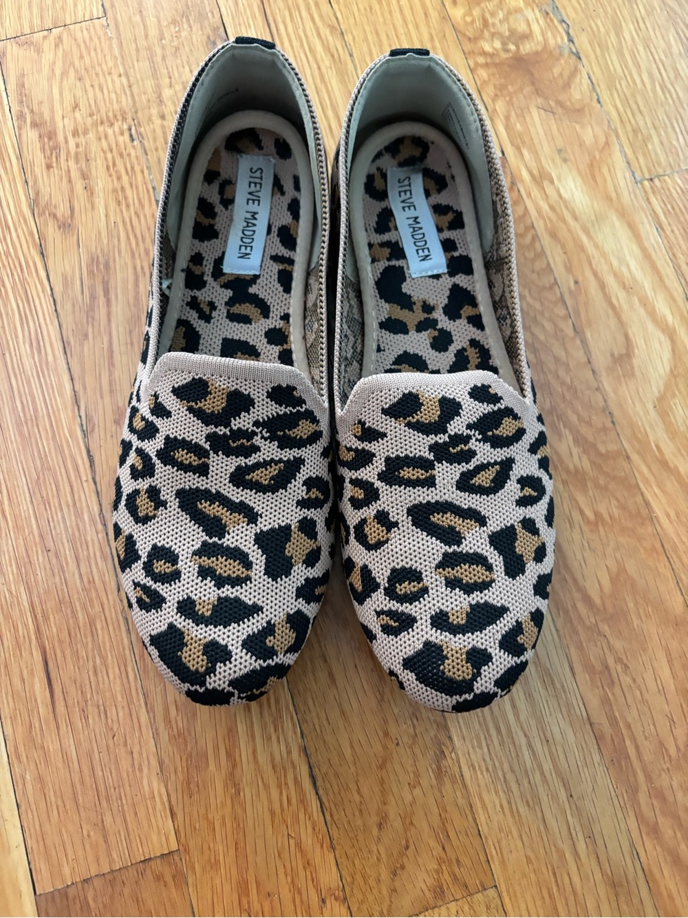 Steve Madden Leopard Knit Slip-On Flats in Tan and Black